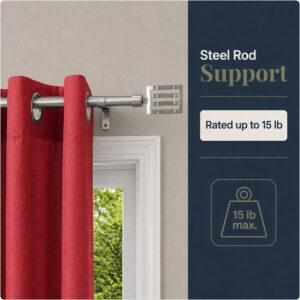 Steel curtain rod holding red curtains, rated for loads up to 15 pounds