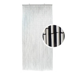 White bamboo beaded door curtain with 65 strands shown on white background
