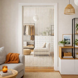 White bamboo bead door curtain hanging in living room doorway with seating area