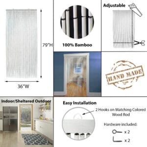 Infographic showing bamboo bead curtain size adjustable length installation details