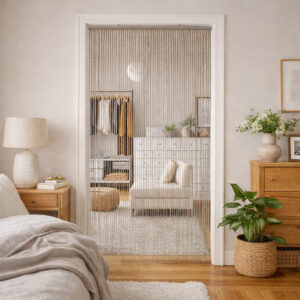 Taupe bamboo bead door curtain used as bedroom to closet divider