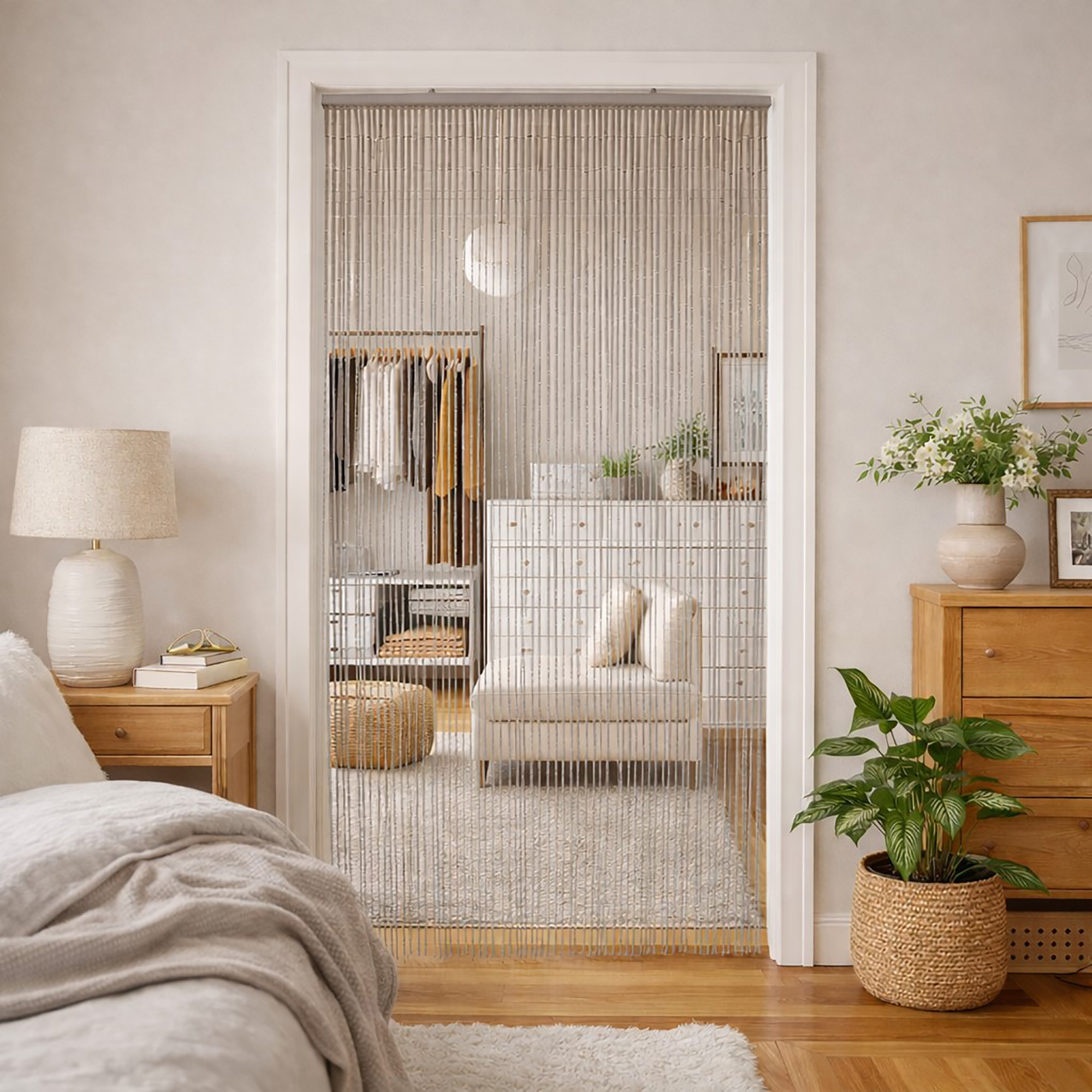 Taupe bamboo bead door curtain used as bedroom to closet divider