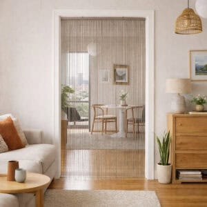 Taupe bamboo bead curtain installed between living and dining area