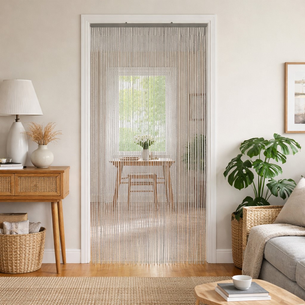 Gray bamboo bead curtain hanging in living room doorway