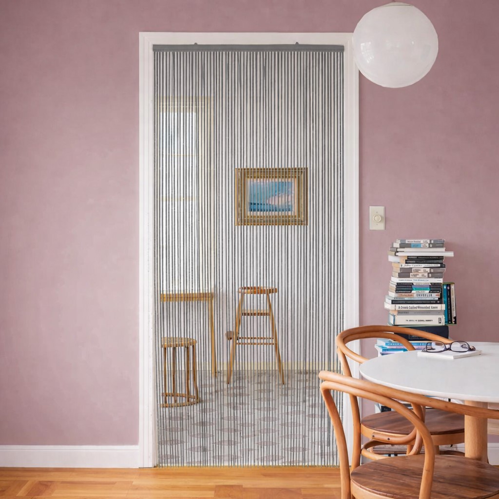 Gray bamboo beaded curtain in doorway with pink wall interior