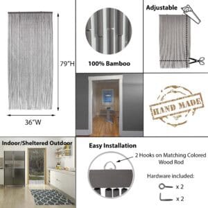 Infographic showing gray bamboo bead curtain size adjustable length details