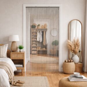 Gray bamboo bead curtain installed as doorway divider in bedroom