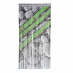 Bamboo beaded door curtain with green bamboo and gray pebble design on white background