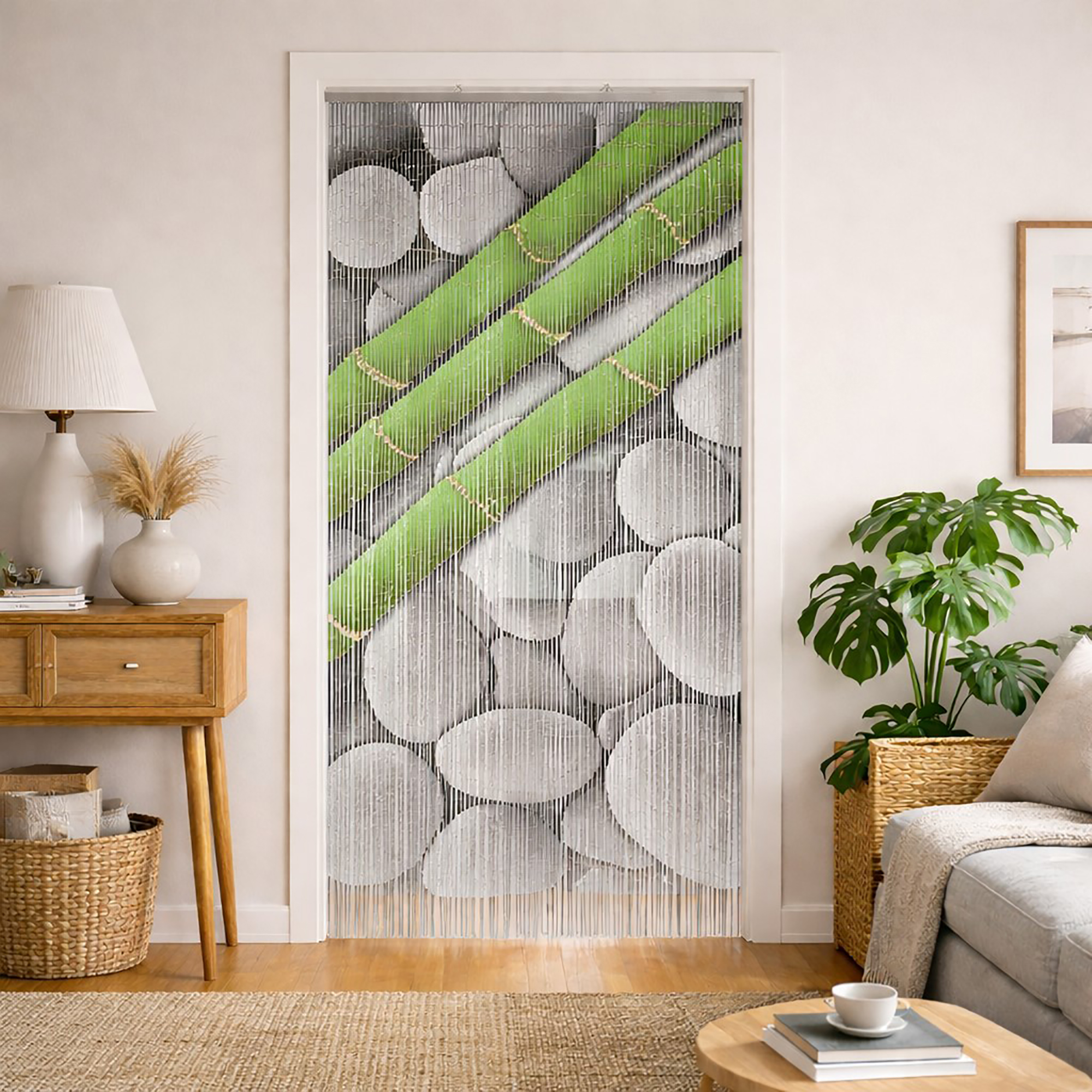 Bamboo beaded door curtain hanging in a bright living room doorway