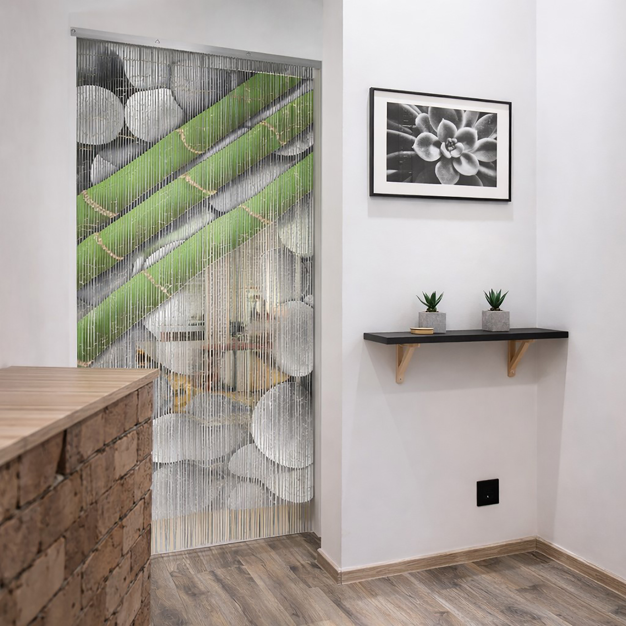 Side angle view of bamboo beaded door curtain in modern interior hallway