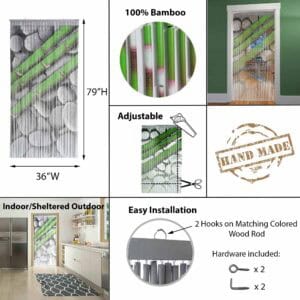 Infographic showing bamboo beaded door curtain size adjustable length and installation details