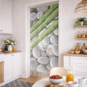 Bamboo beaded door curtain used between kitchen and dining area