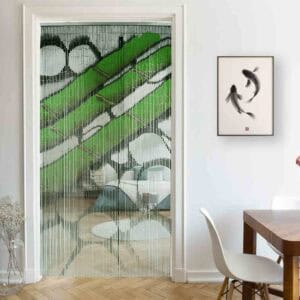 Bamboo beaded door curtain separating dining room and living space with natural light