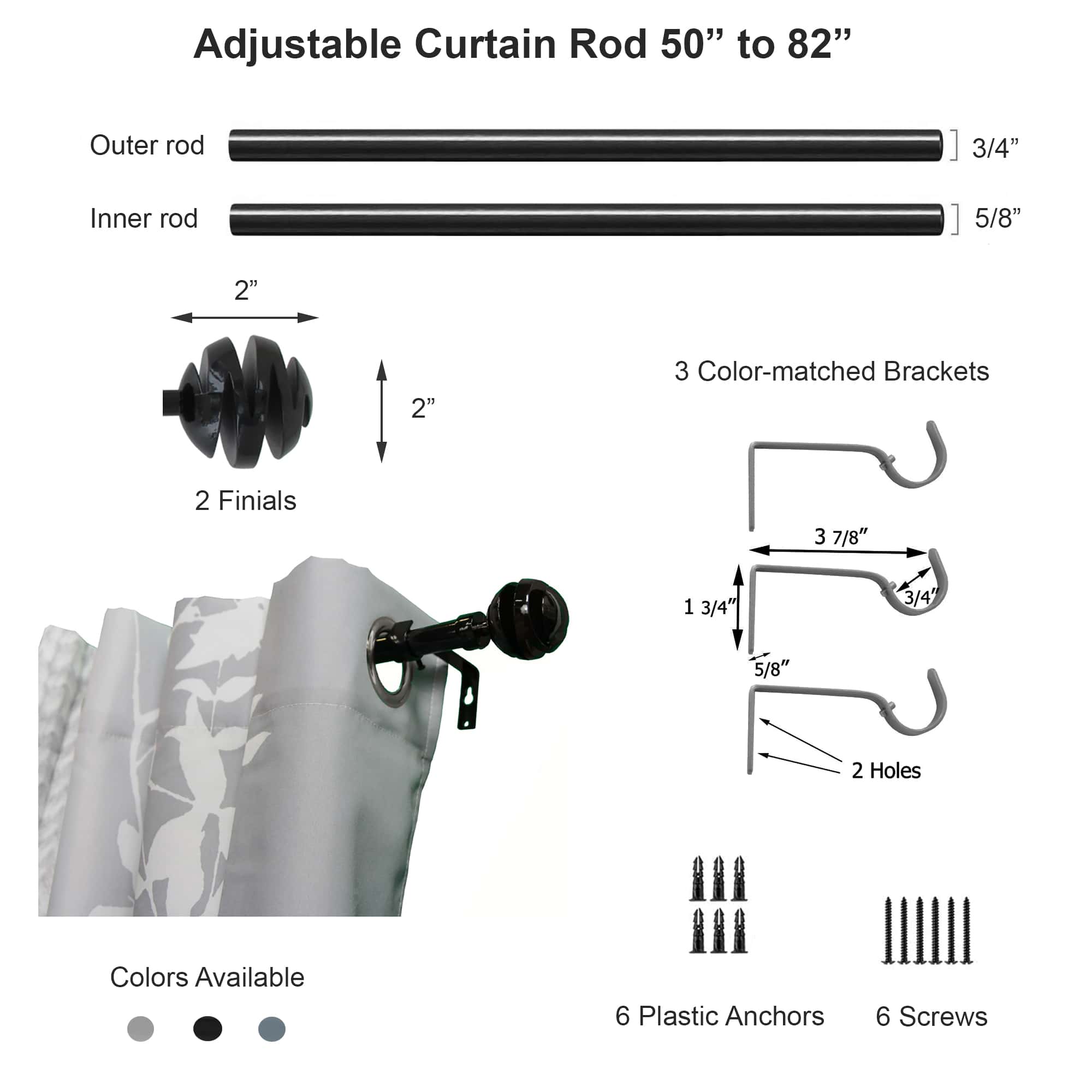 Adjustable 3/4" Single Window Curtain Rod 50" to 82" Taupe