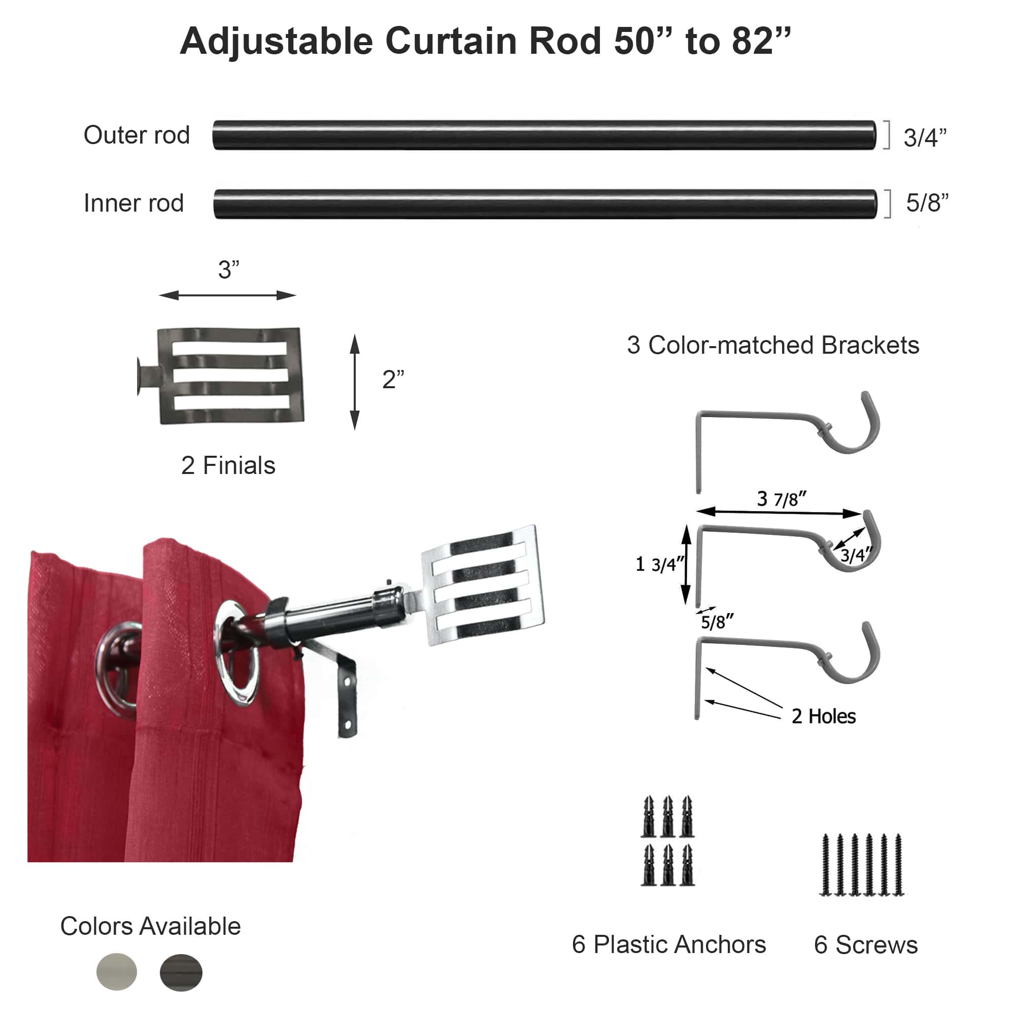 2 Pack Adjustable 3/4" Single Window Curtain Rod 50" to 82" Graphite