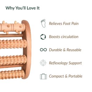 Wooden foot roller massager with benefits list including relieves foot pain, boosts circulation, durable and reusable, reflexology support, and compact/portable features