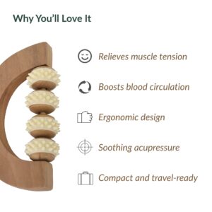 Wooden hand massage roller with benefits list including relieves muscle tension, boosts blood circulation, ergonomic design, soothing acupressure, and compact/travel-ready features