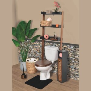 "Dark grey and acacia toilet paper cabinet styled beside a toilet with an over-toilet shelf unit in a stone-tiled bathroom"