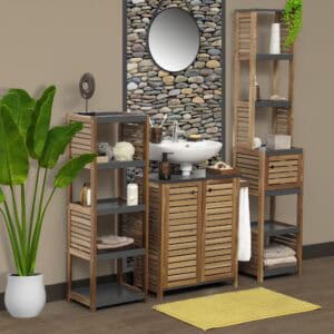 Stylish Bathroom Storage Display – Shelf in a decorated bathroom setting with storage items.