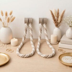 Beige braided tiebacks displayed on wooden surface with candle and flowers