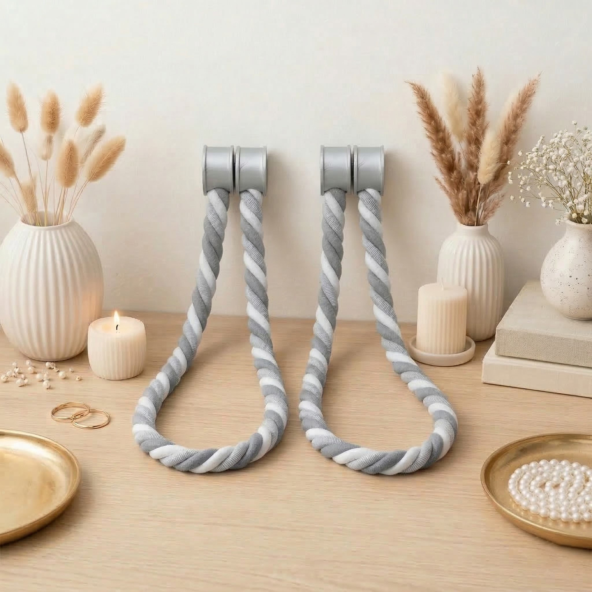 Gray braided tiebacks displayed on wooden surface with candle and flowers