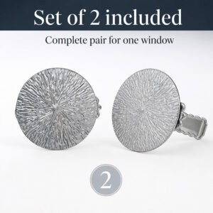 Pair of chrome round curtain tieback clips on one window, set of 2