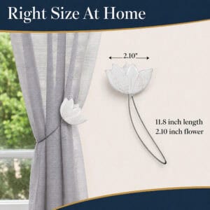 dimensions: White tulip curtain tieback shown at scale, the flower measuring 2.10 inches across with an 11.8 inch cable, beside a gathered curtain.