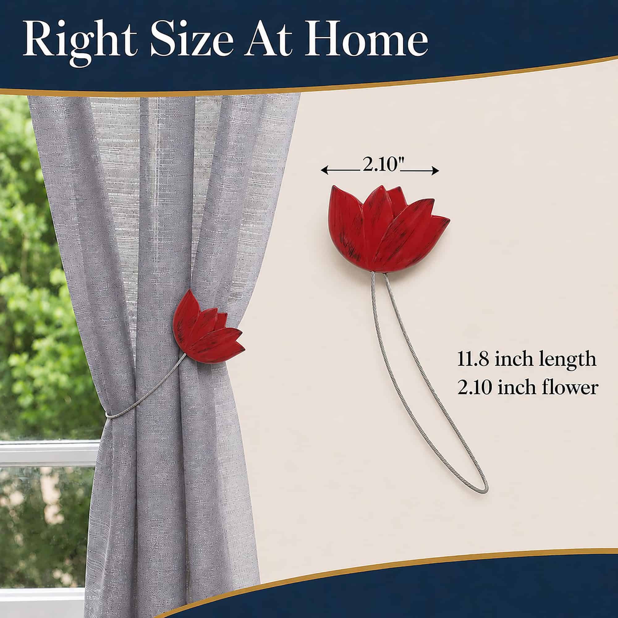 dimensions: Red tulip curtain tieback shown at scale, the flower measuring 2.10 inches across with an 11.8 inch cable, beside a gathered curtain.