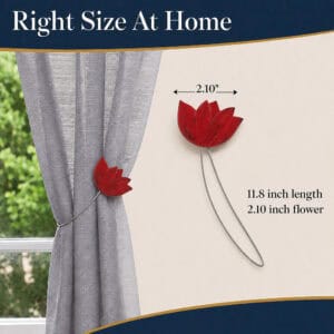 dimensions: Red tulip curtain tieback shown at scale, the flower measuring 2.10 inches across with an 11.8 inch cable, beside a gathered curtain.