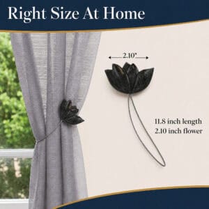 dimensions: Black tulip curtain tieback shown at scale, the flower measuring 2.10 inches across with an 11.8 inch cable, beside a gathered curtain.