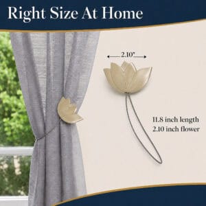 dimensions: Gold tulip curtain tieback shown at scale, the flower measuring 2.10 inches across with an 11.8 inch cable, beside a gathered curtain.