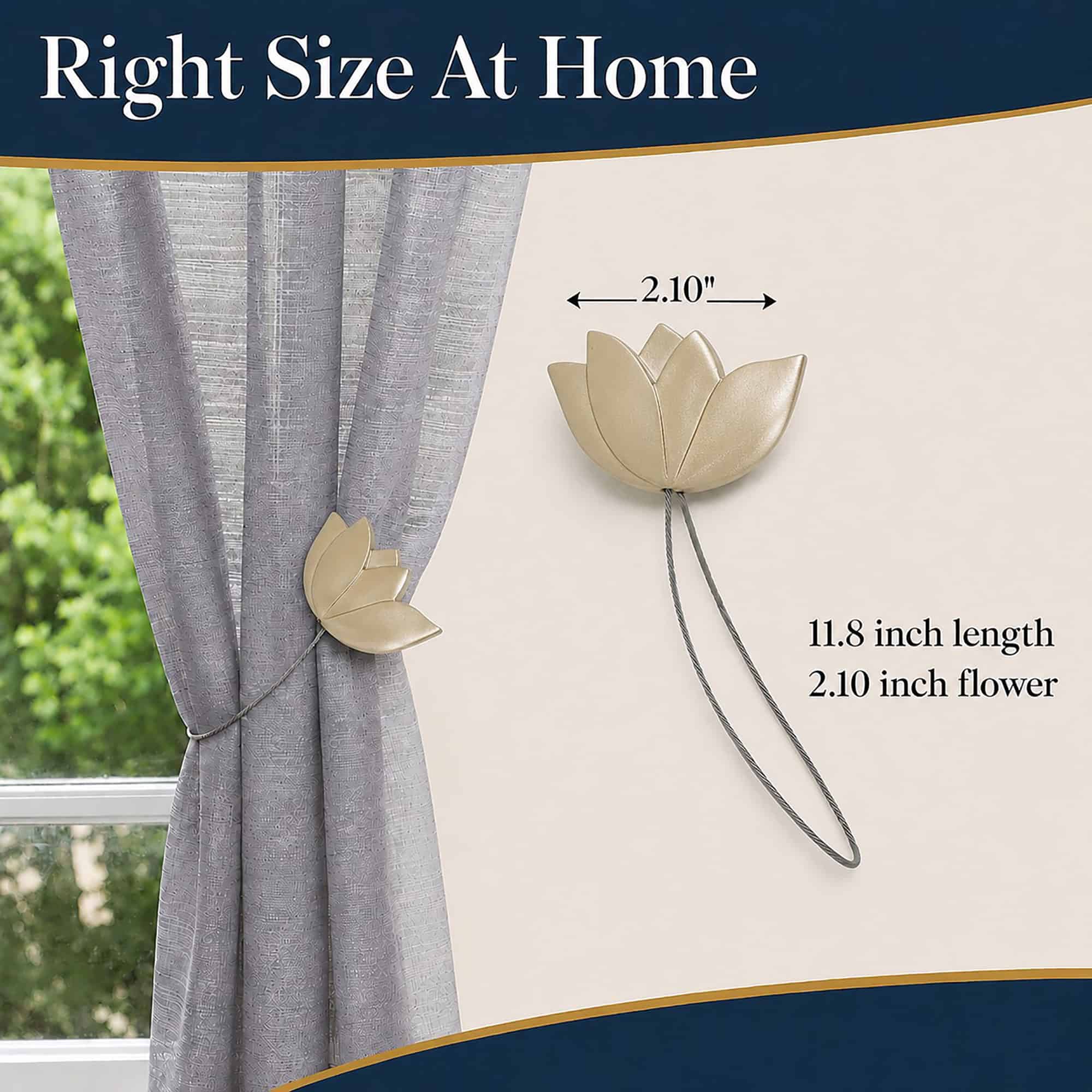 dimensions: Gold tulip curtain tieback shown at scale, the flower measuring 2.10 inches across with an 11.8 inch cable, beside a gathered curtain.