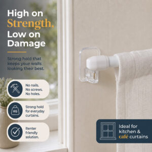 Strong-hold adhesive curtain hook mounted damage-free on a wall, renter-friendly for kitchen and cafe curtains