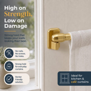 Strong-hold adhesive curtain hook mounted damage-free on a wall, renter-friendly for kitchen and cafe curtains