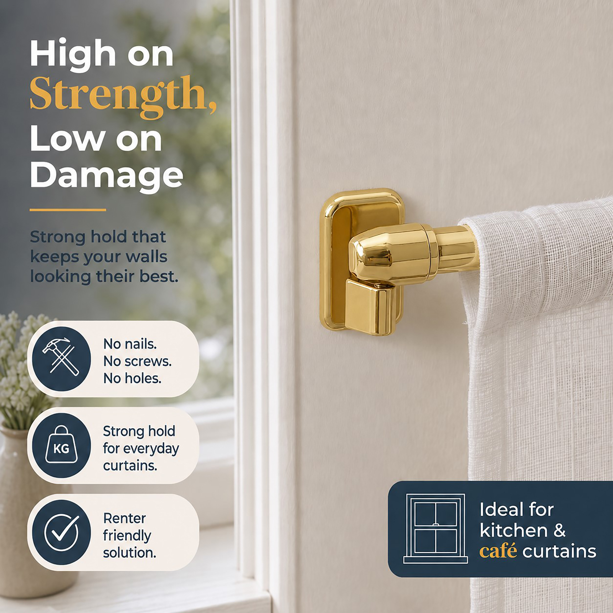 Strong-hold adhesive curtain hook mounted damage-free on a wall, renter-friendly for kitchen and cafe curtains