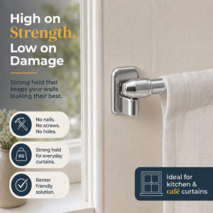 Strong-hold adhesive curtain hook mounted damage-free on a wall, renter-friendly for kitchen and cafe curtains