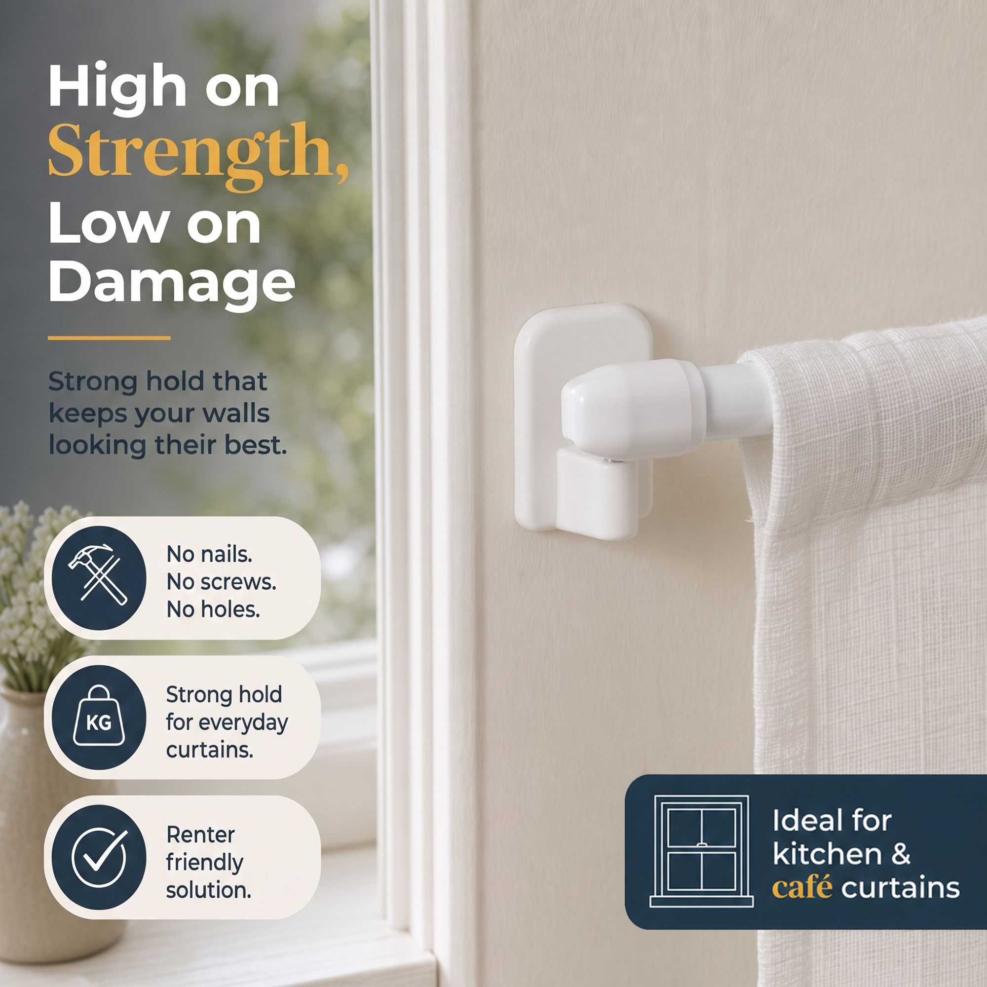 Strong-hold adhesive curtain hook mounted damage-free on a wall, renter-friendly for kitchen and cafe curtains