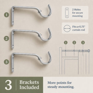 Three chrome wall brackets with two mounting holes each, included with the curtain rod set