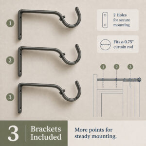 Three graphite wall brackets with two mounting holes each, included with each curtain rod