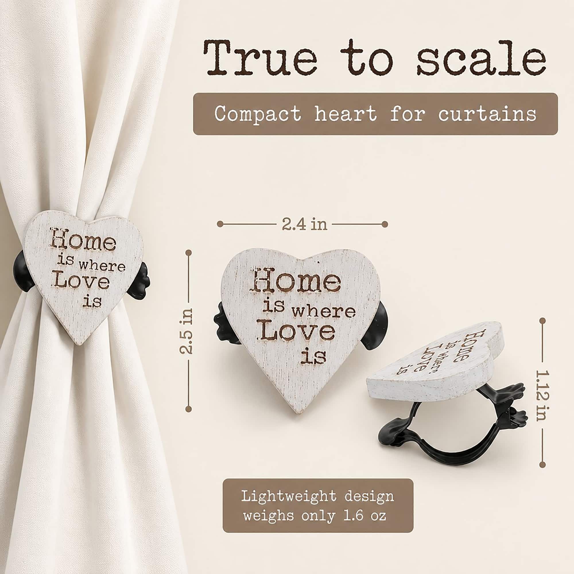6- Wooden heart curtain tieback shown true to scale at 2.4 inches wide, 2.5 inches tall and 1.12 inches deep