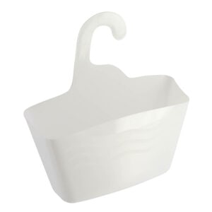 White plastic hanging shower caddy organizer with hook on white background
