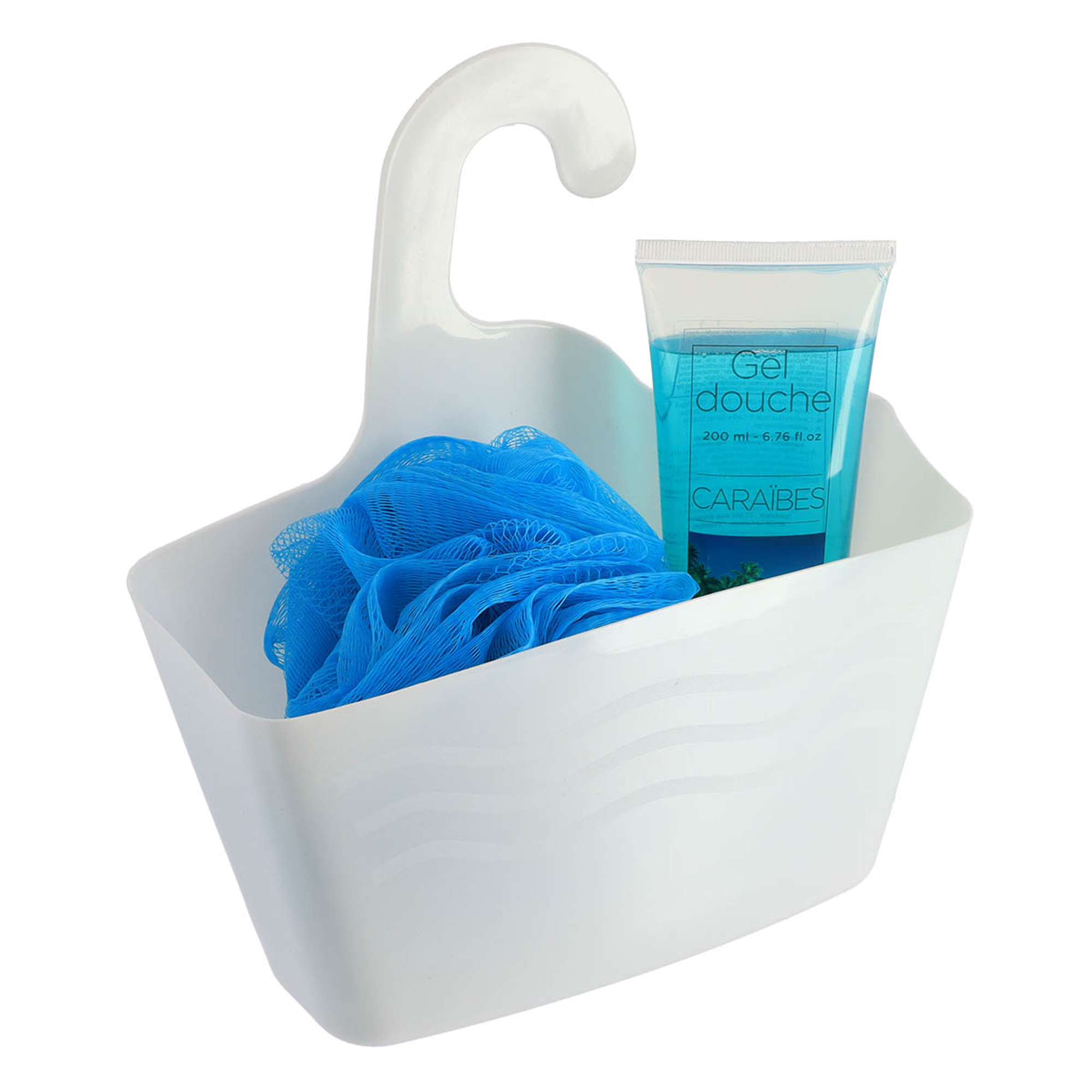 White hanging shower caddy with blue loofah and shower gel on white background