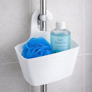 White plastic hanging shower caddy on chrome shower rod with blue loofah and shower gel