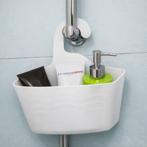 Here are short alt text descriptions for each image: Image 1: White plastic hanging shower caddy on shower rod with toiletries and green soap dispenser