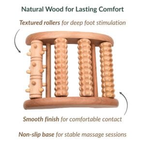 Close-up of foot roller construction showing textured rollers for deep foot stimulation, smooth finish for comfortable contact, and non-slip base for stable massage sessions