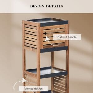 "Design details callout showing cut-out door handle and vented louvered panels on acacia bathroom cabinet"