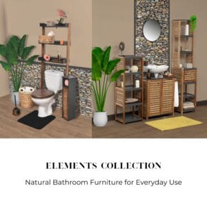 "Elements Collection dual-scene showing full acacia and dark grey bathroom furniture range including toilet unit, vanity, and tall cabinet"