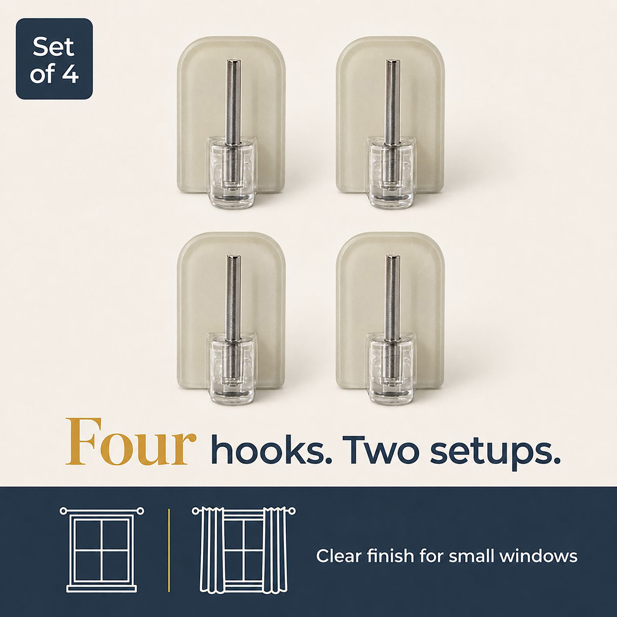 Set of four clear adhesive hooks shown in two window setups for small windows