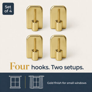 Set of four golden adhesive hooks shown in two window setups for small windows