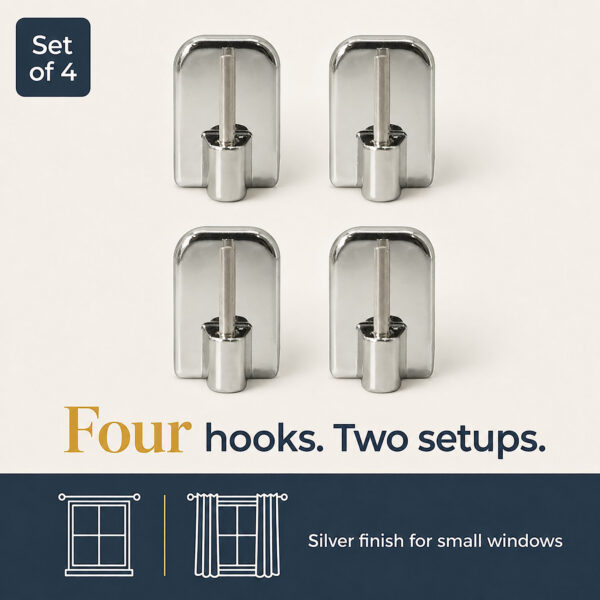 Set of four silver adhesive hooks shown in two window setups for small windows
